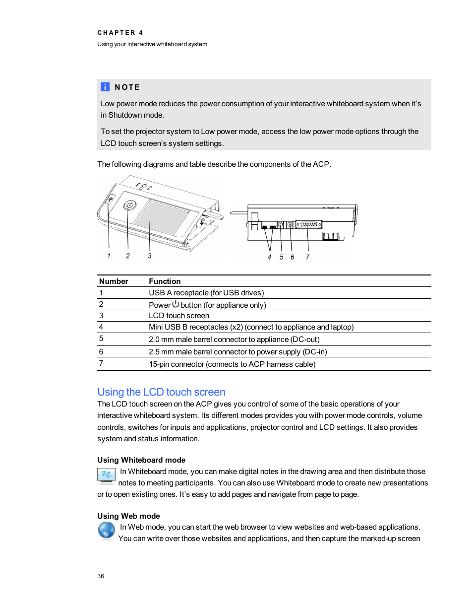 Using the lcd touch screen, Using whiteboard mode, Using web mode | Smart Technologies 800i5e-SMP User Manual | Page 48 / 118
