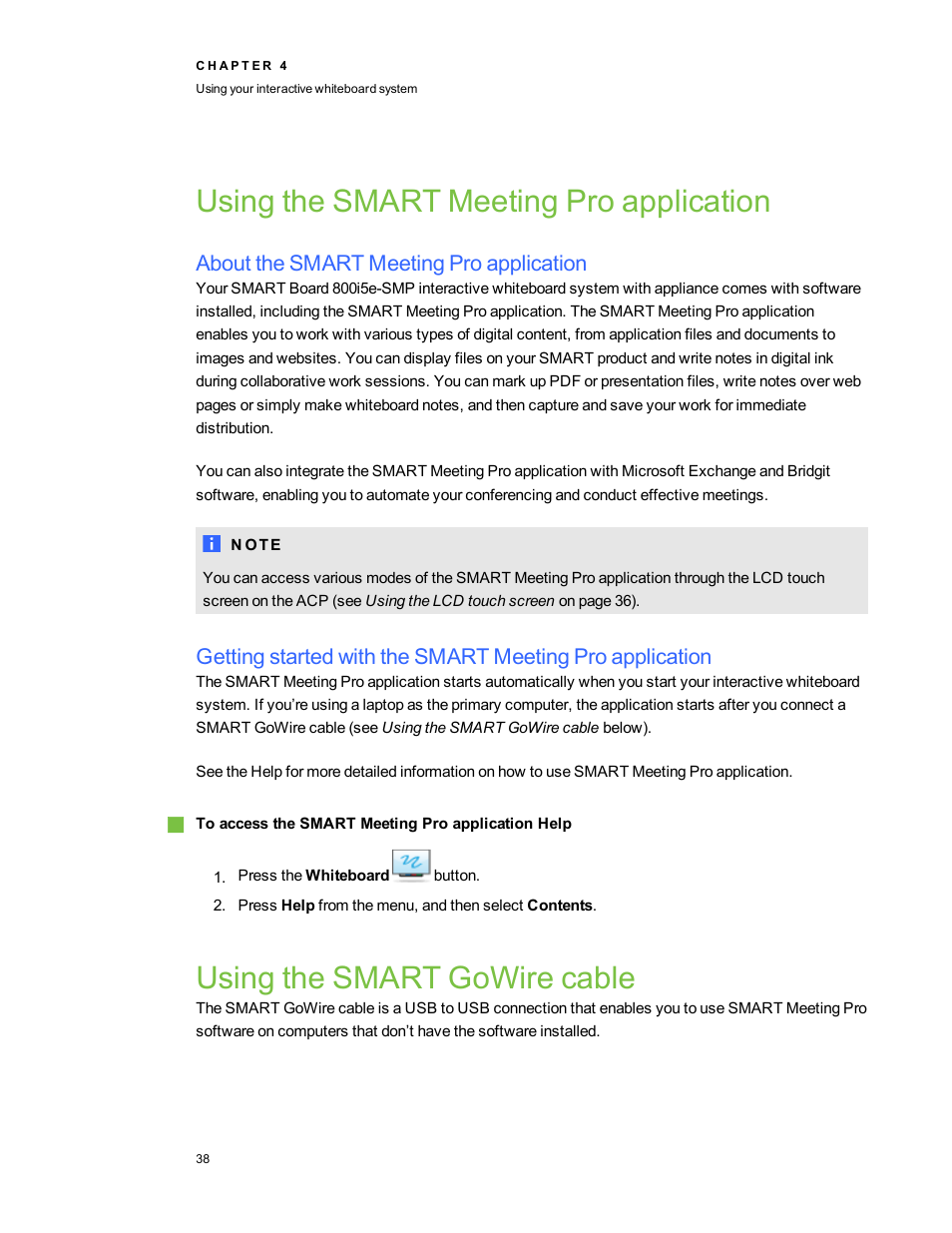 Using the smart meeting pro application, About the smart meeting pro application, Using the smart gowire cable | Smart Technologies 800i5e-SMP User Manual | Page 50 / 118