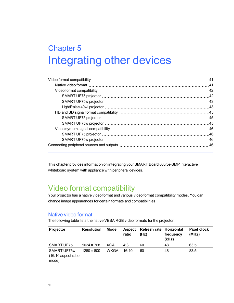 Chapter 5: integrating other devices, Video format compatibility, Native video format | Chapter 5 | Smart Technologies 800i5e-SMP User Manual | Page 53 / 118