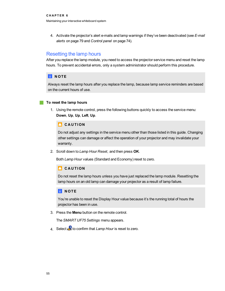 Resetting the lamp hours | Smart Technologies 800i5e-SMP User Manual | Page 67 / 118