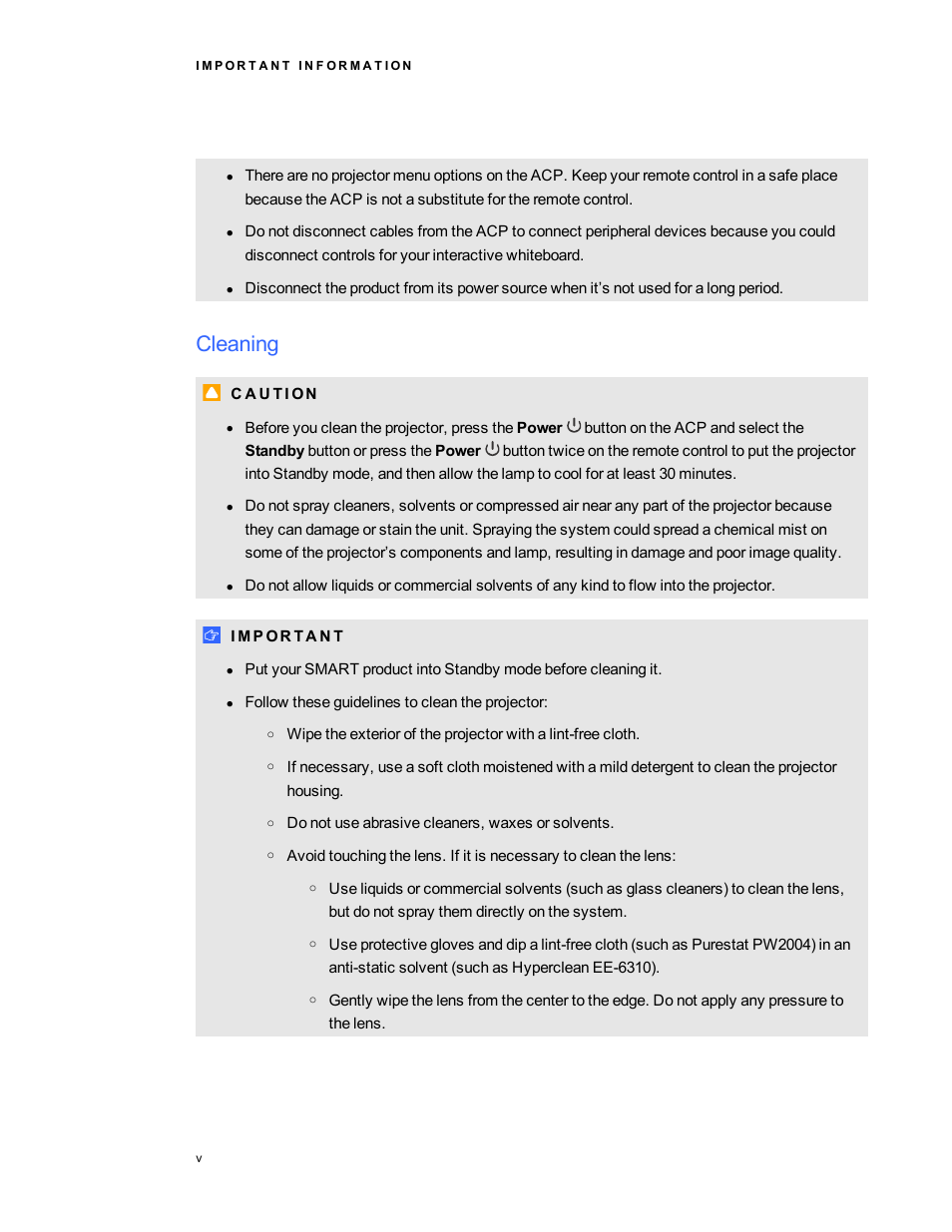 Cleaning | Smart Technologies 800i5e-SMP User Manual | Page 7 / 118