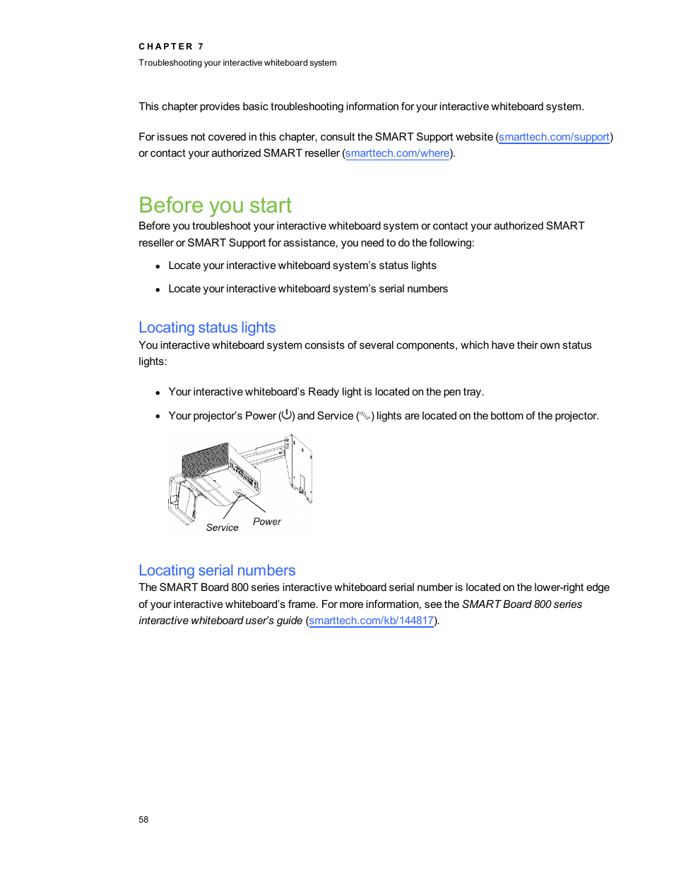 Before you start, Locating status lights, Locating serial numbers | Smart Technologies 800i5e-SMP User Manual | Page 70 / 118