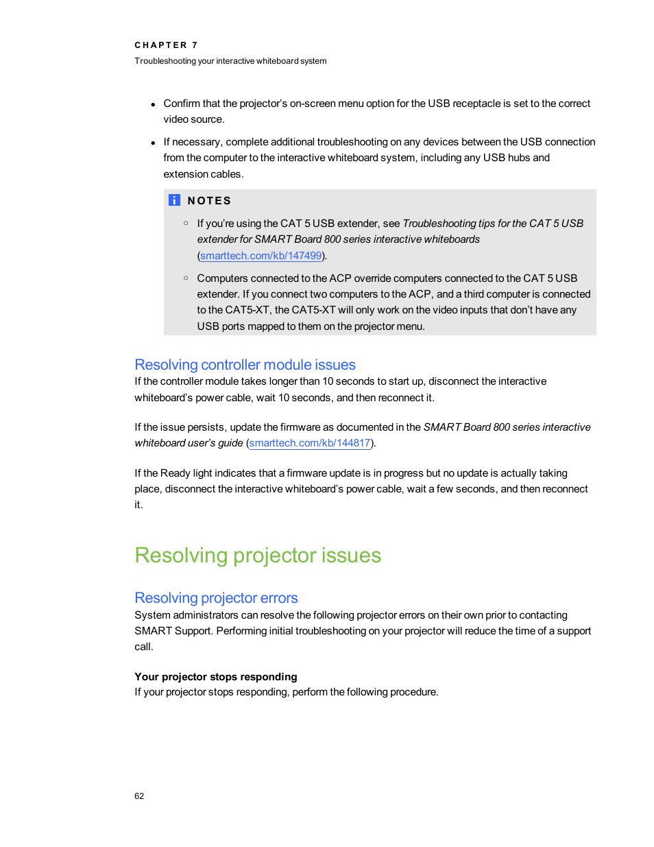 Resolving controller module issues, Resolving projector issues, Resolving projector errors | Your projector stops responding | Smart Technologies 800i5e-SMP User Manual | Page 74 / 118