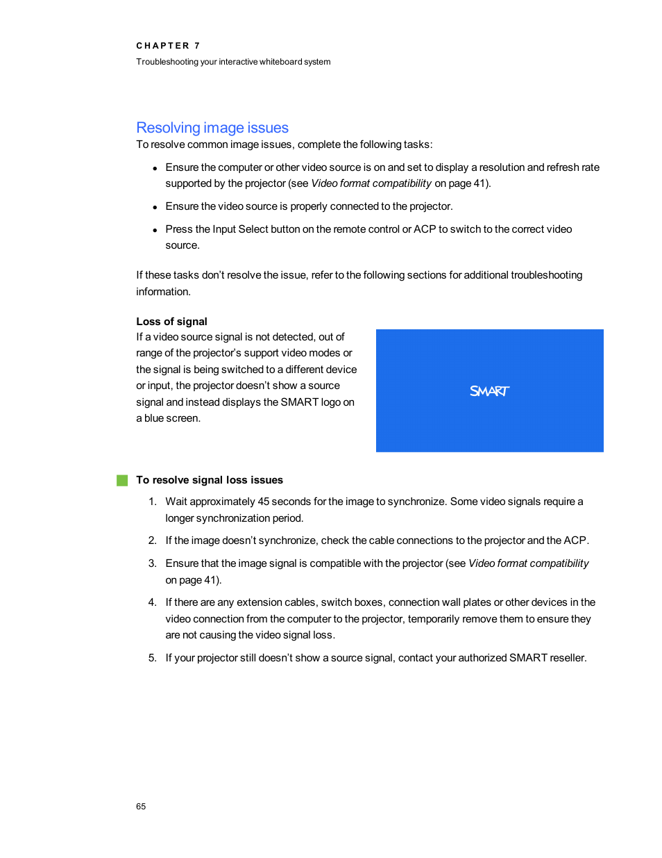 Resolving image issues, Loss of signal | Smart Technologies 800i5e-SMP User Manual | Page 77 / 118