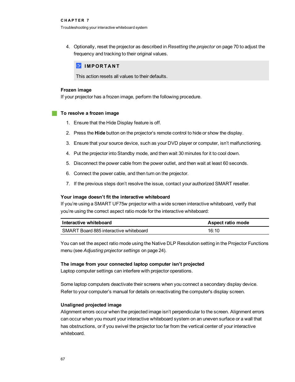 Frozen image, Your image doesn’t fit the interactive whiteboard, Unaligned projected image | Smart Technologies 800i5e-SMP User Manual | Page 79 / 118