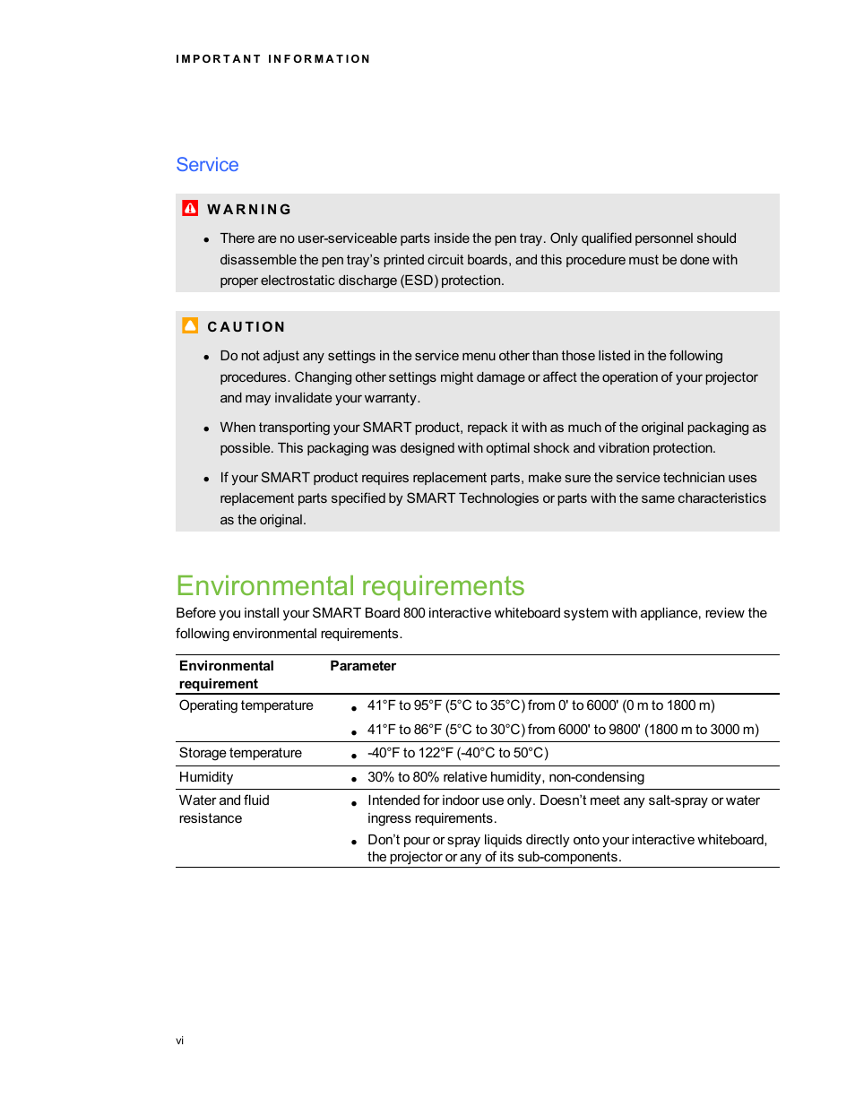Service, Environmental requirements | Smart Technologies 800i5e-SMP User Manual | Page 8 / 118