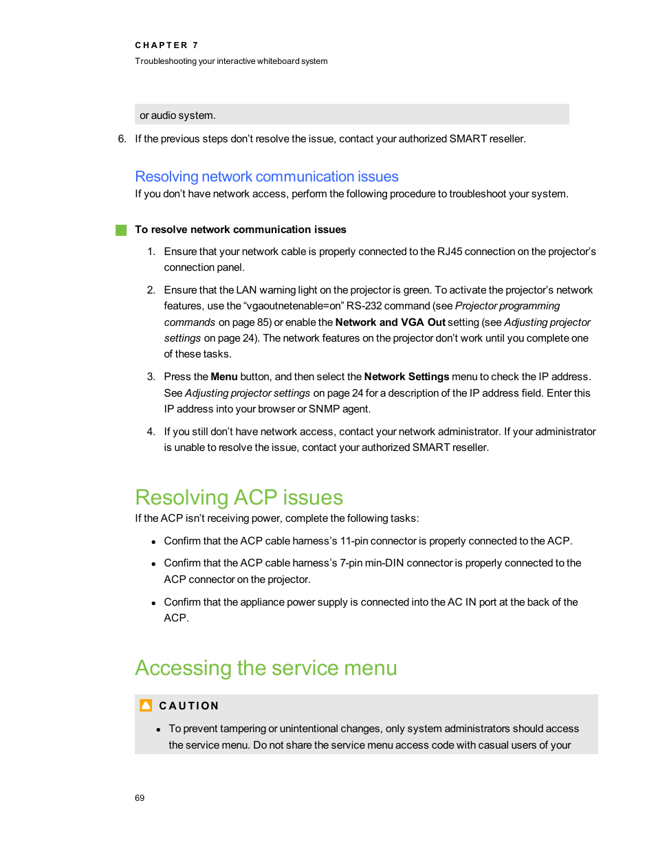 Resolving network communication issues, Resolving acp issues, Accessing the service menu | Smart Technologies 800i5e-SMP User Manual | Page 81 / 118