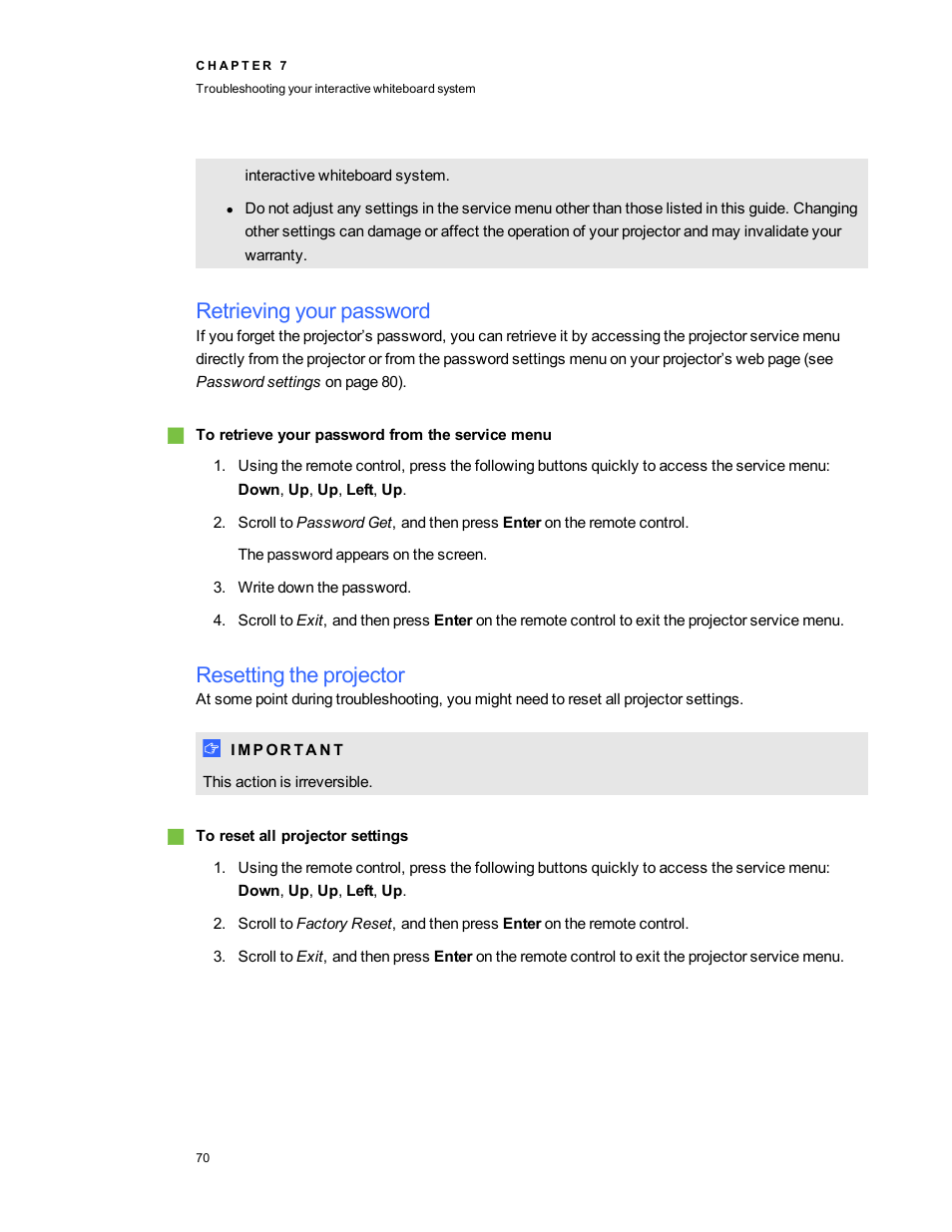 Retrieving your password, Resetting the projector | Smart Technologies 800i5e-SMP User Manual | Page 82 / 118