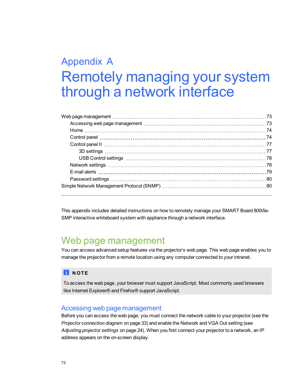 Web page management, Appendix a, Accessing web page management | Smart Technologies 800i5e-SMP User Manual | Page 85 / 118