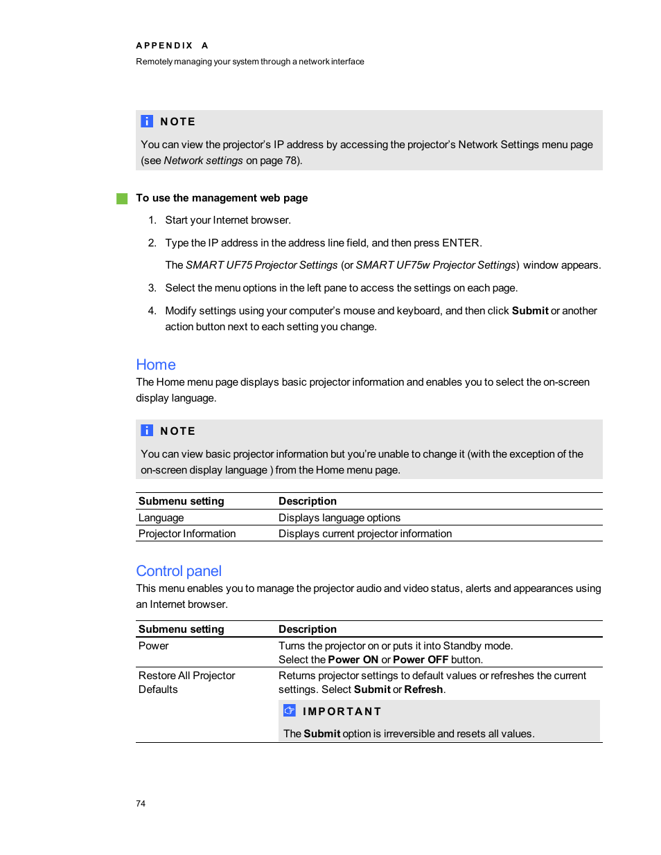 Home, Control panel | Smart Technologies 800i5e-SMP User Manual | Page 86 / 118