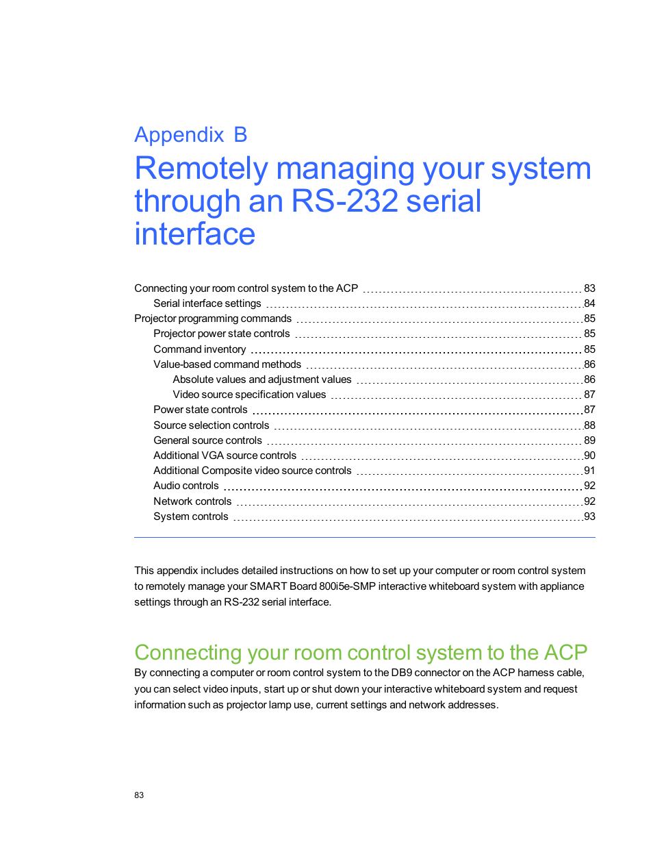 Connecting your room control system to the acp, Appendix b | Smart Technologies 800i5e-SMP User Manual | Page 95 / 118