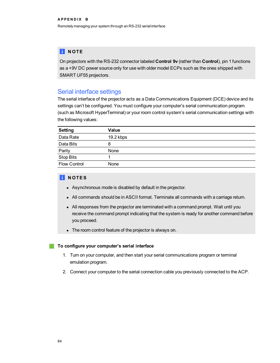 Serial interface settings | Smart Technologies 800i5e-SMP User Manual | Page 96 / 118