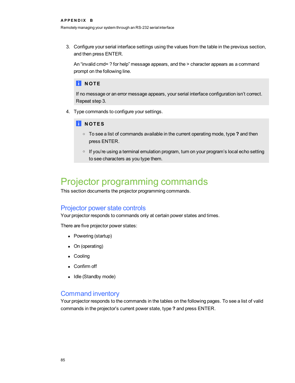 Projector programming commands, Projector power state controls, Command inventory | Projector programming | Smart Technologies 800i5e-SMP User Manual | Page 97 / 118