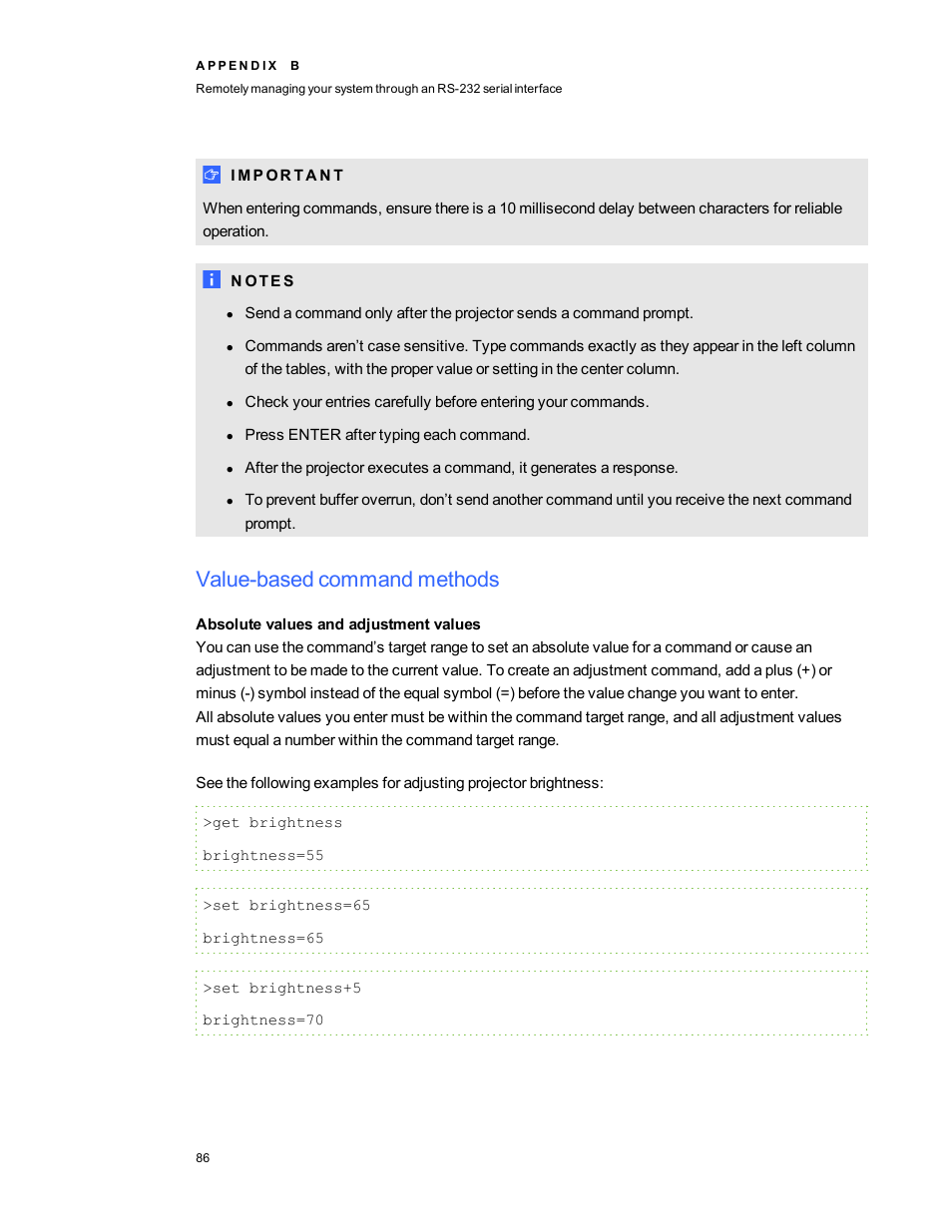 Value-based command methods, Absolute values and adjustment values | Smart Technologies 800i5e-SMP User Manual | Page 98 / 118