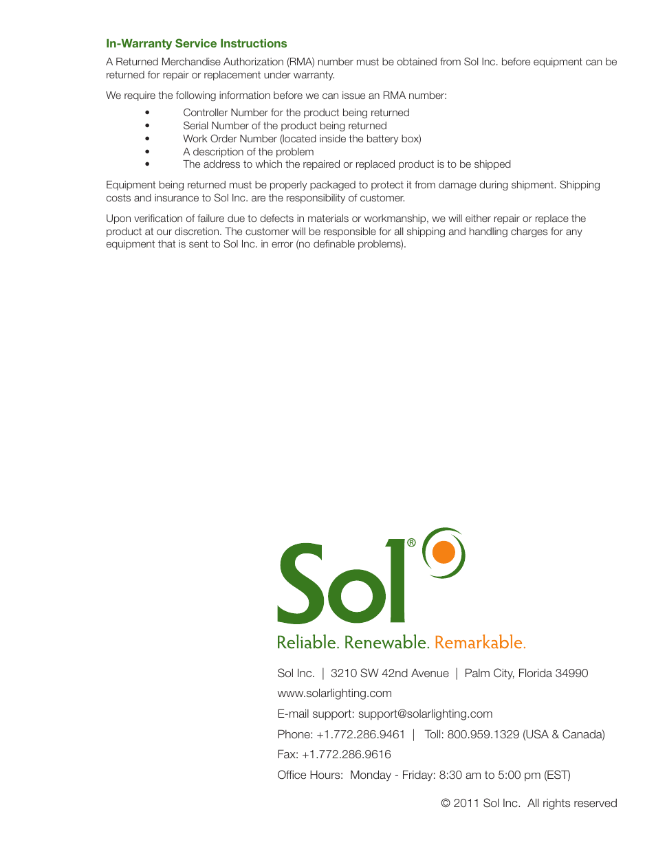 Sol 20/20 Solar LED Lighting Systems User Manual | Page 19 / 19
