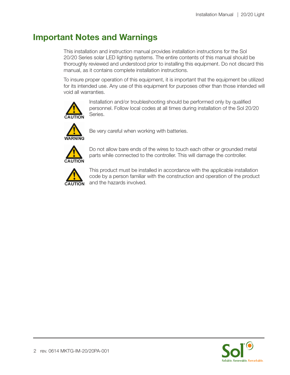 Sol 20/20 Solar LED Lighting Systems User Manual | Page 2 / 19
