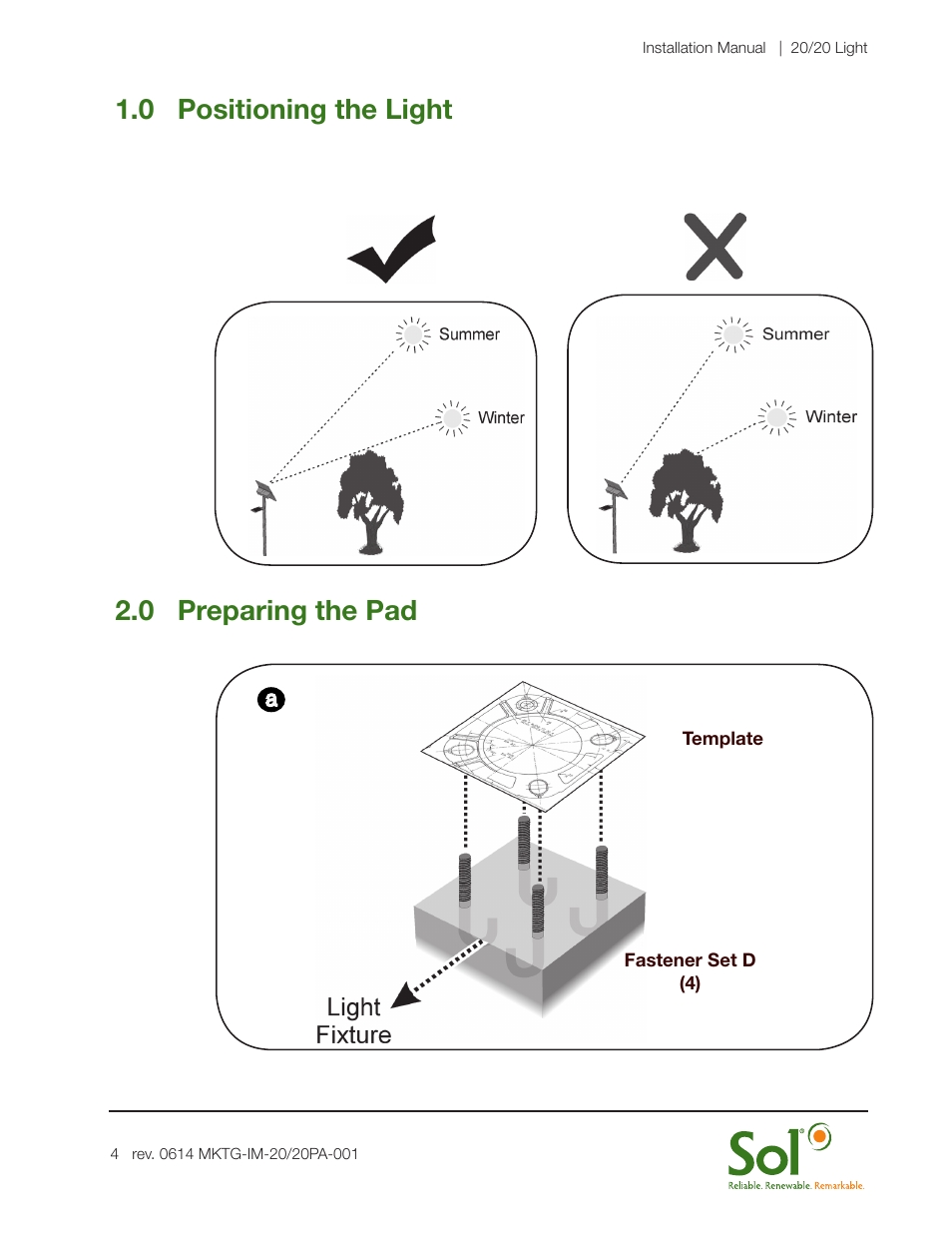 0 positioning the light 2.0 preparing the pad | Sol 20/20 Solar LED Lighting Systems User Manual | Page 4 / 19