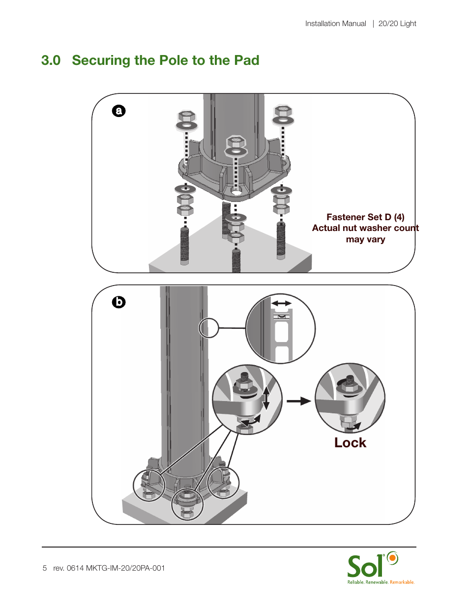 0 securing the pole to the pad, Lock | Sol 20/20 Solar LED Lighting Systems User Manual | Page 5 / 19