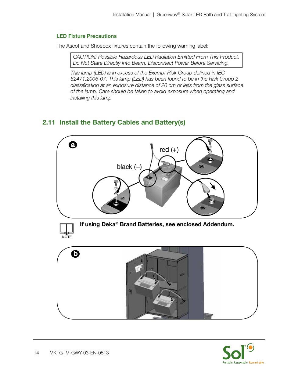 11 install the battery cables and battery(s) a | Sol GreenWay Solar Path Lighting User Manual | Page 14 / 20