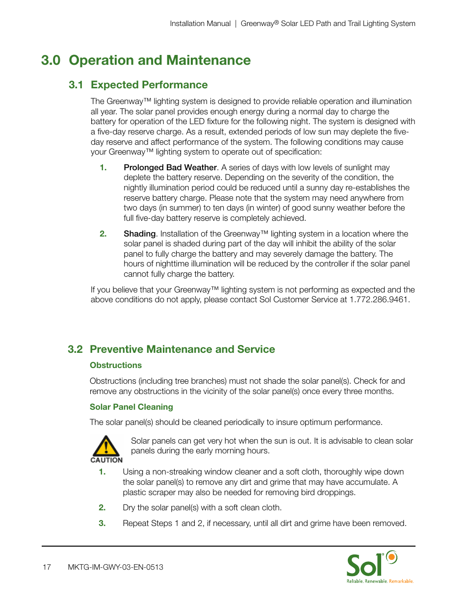 0 operation and maintenance, 1 expected performance, 2 preventive maintenance and service | Sol GreenWay Solar Path Lighting User Manual | Page 17 / 20