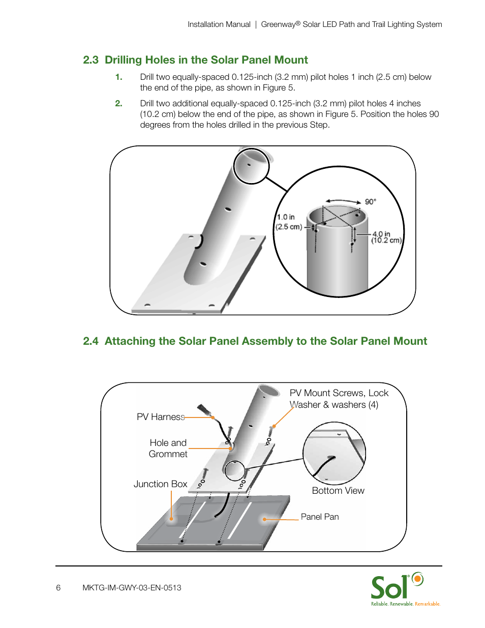 3 drilling holes in the solar panel mount | Sol GreenWay Solar Path Lighting User Manual | Page 6 / 20