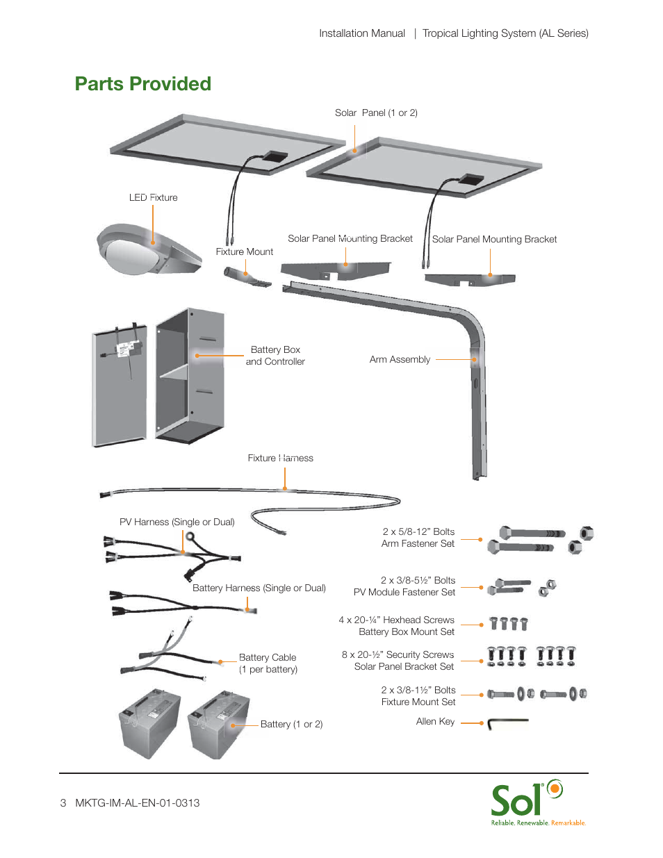 Parts provided | Sol AL Series Tropical Lighting System User Manual | Page 3 / 16