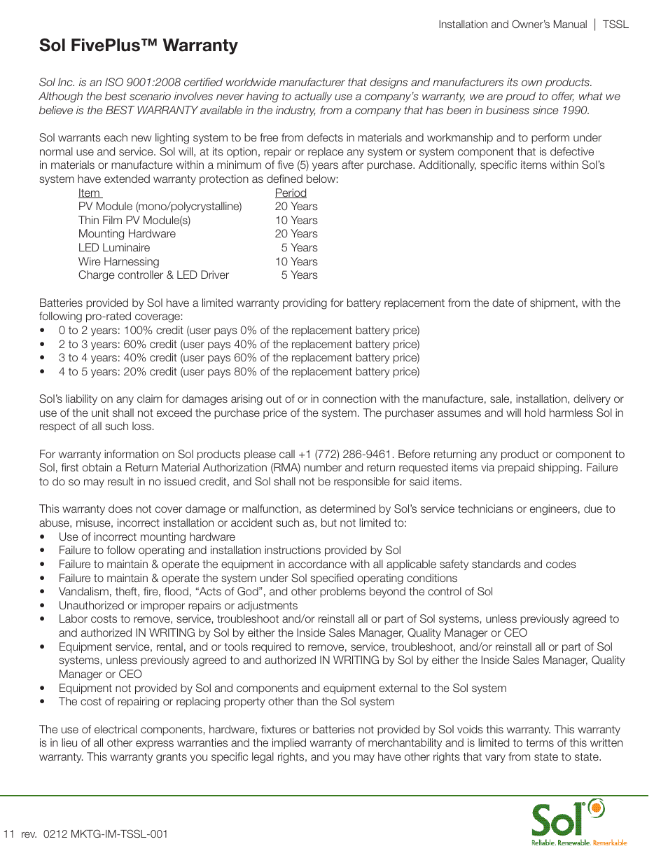 Sol fiveplus™ warranty | Sol Transit Shelter Security Lighting User Manual | Page 11 / 12