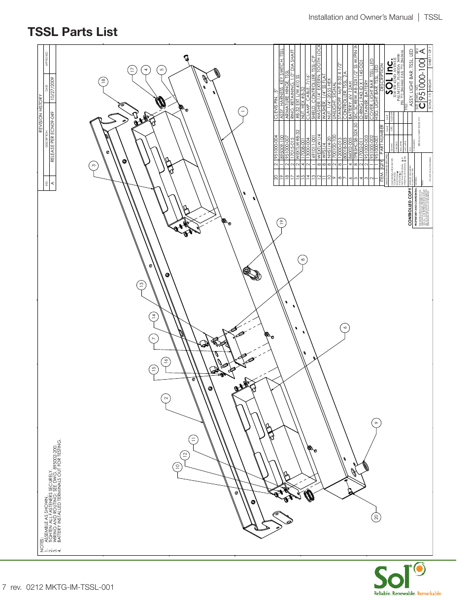 Tssl parts list, Sol inc, Tssl | Sol Transit Shelter Security Lighting User Manual | Page 7 / 12