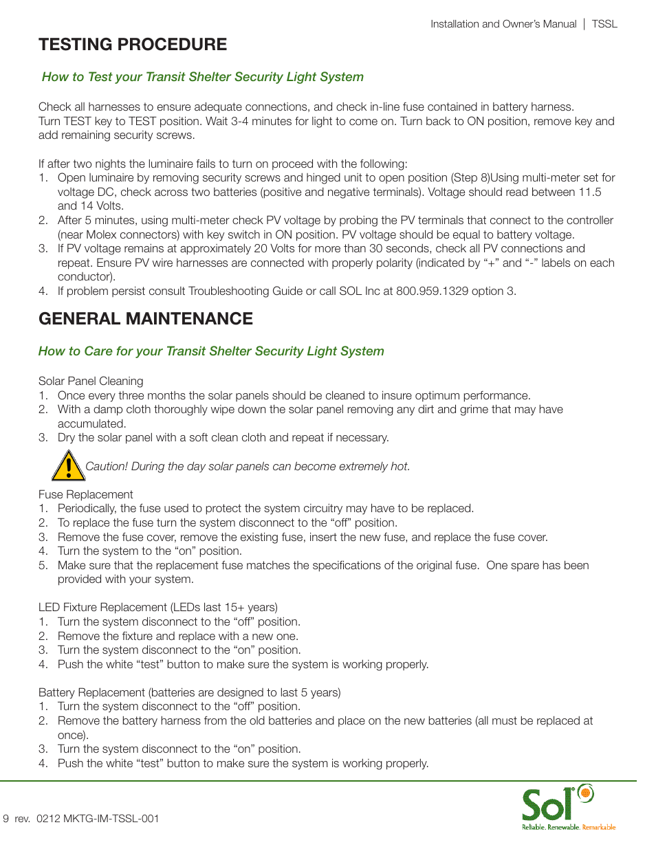 General maintenance, Testing procedure | Sol Transit Shelter Security Lighting User Manual | Page 9 / 12