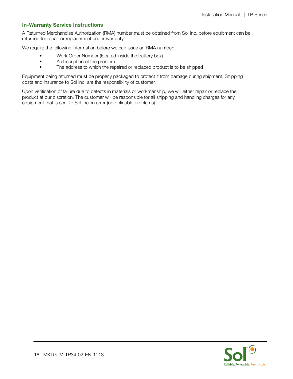 Sol TP Series Triple or Quad PV User Manual | Page 18 / 20