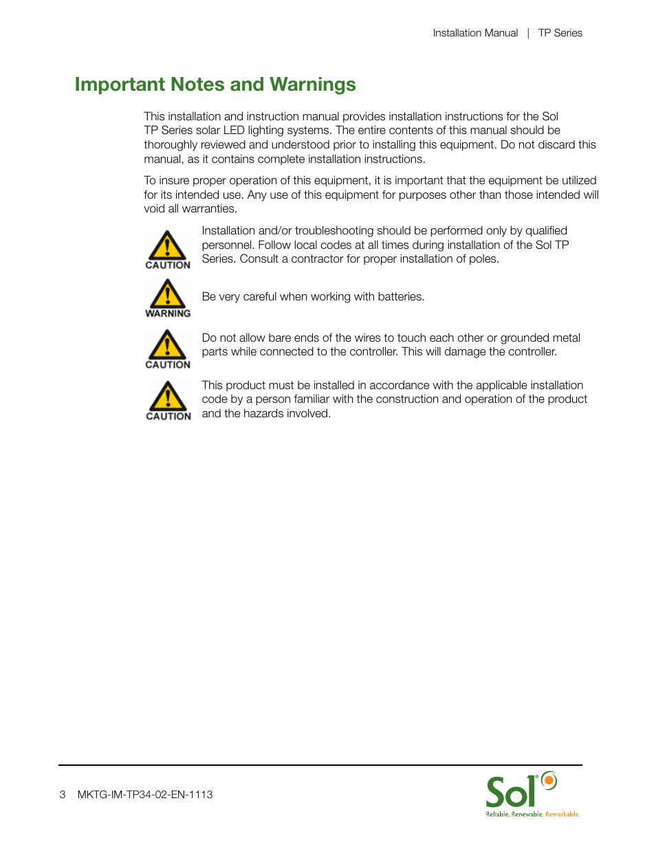 Sol TP Series Triple or Quad PV User Manual | Page 3 / 20