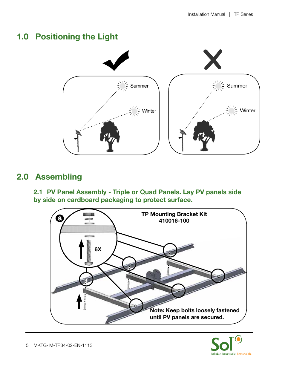 0 positioning the light 2.0 assembling | Sol TP Series Triple or Quad PV User Manual | Page 5 / 20