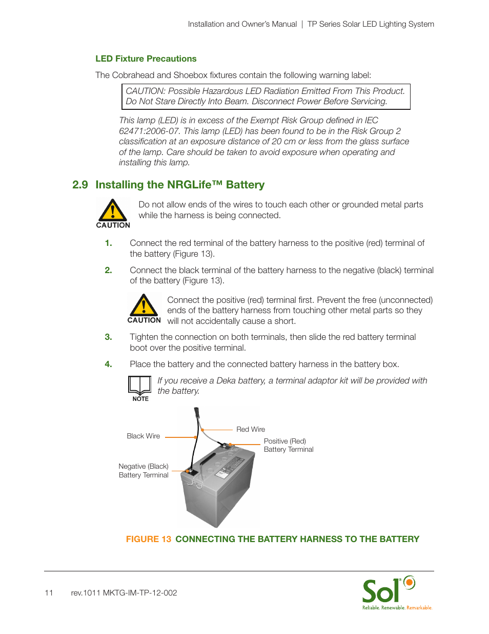 9 installing the nrglife™ battery | Sol TP Series Top of Pole Mount Lighting User Manual | Page 11 / 20