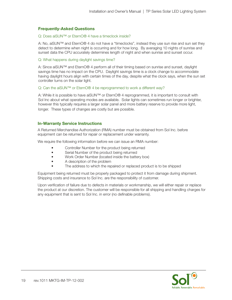 Sol TP Series Top of Pole Mount Lighting User Manual | Page 19 / 20