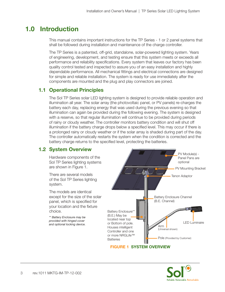 0 introduction, 1 operational principles, 2 system overview | Sol TP Series Top of Pole Mount Lighting User Manual | Page 3 / 20