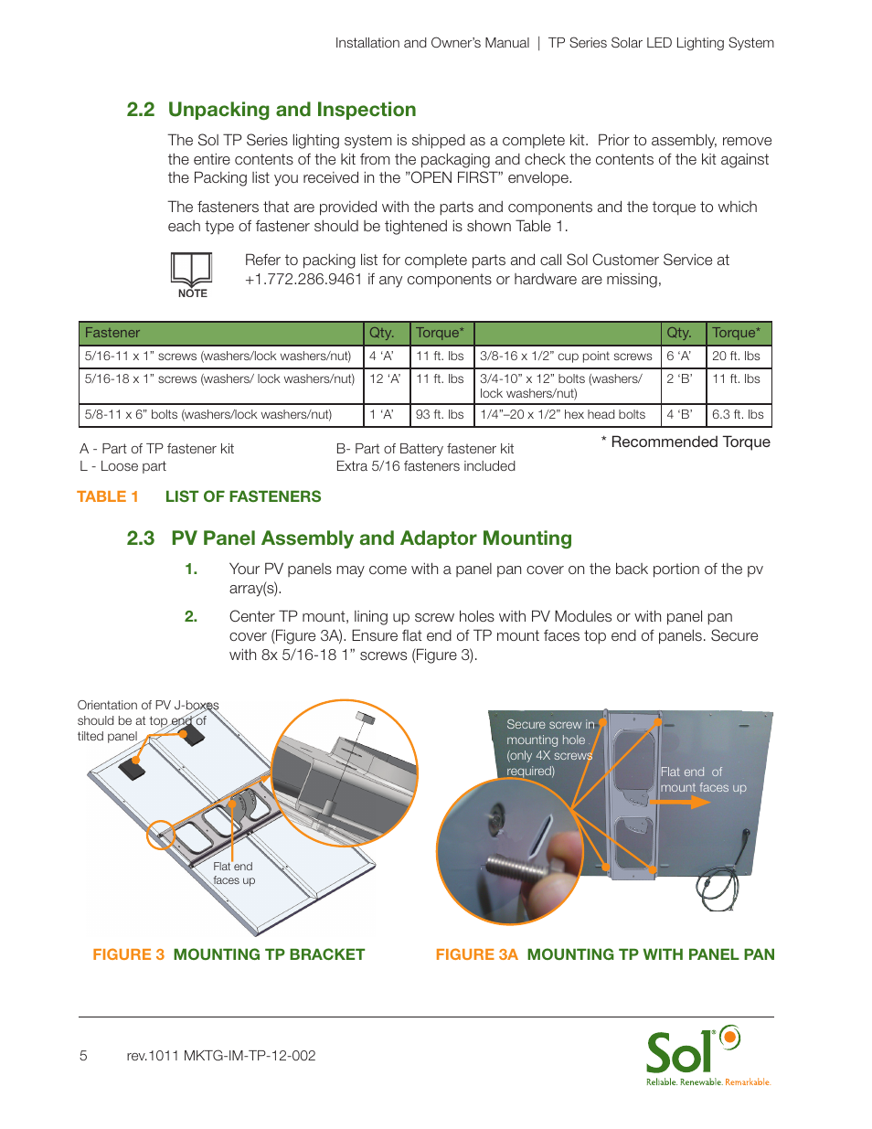 2 unpacking and inspection, 3 pv panel assembly and adaptor mounting | Sol TP Series Top of Pole Mount Lighting User Manual | Page 5 / 20
