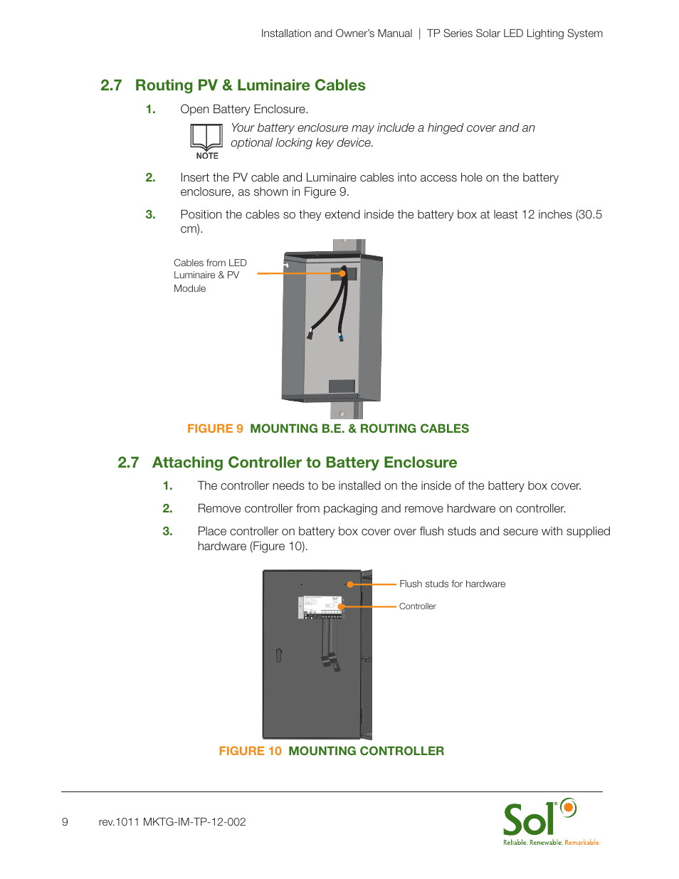 7 routing pv & luminaire cables, 7 attaching controller to battery enclosure | Sol TP Series Top of Pole Mount Lighting User Manual | Page 9 / 20