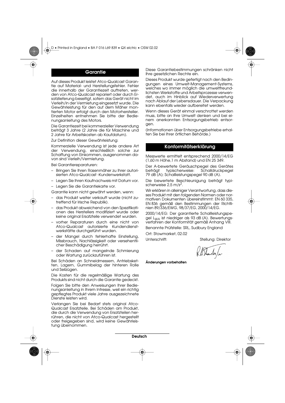 Garantie konformitätserklärung | Atco QX User Manual | Page 12 / 97