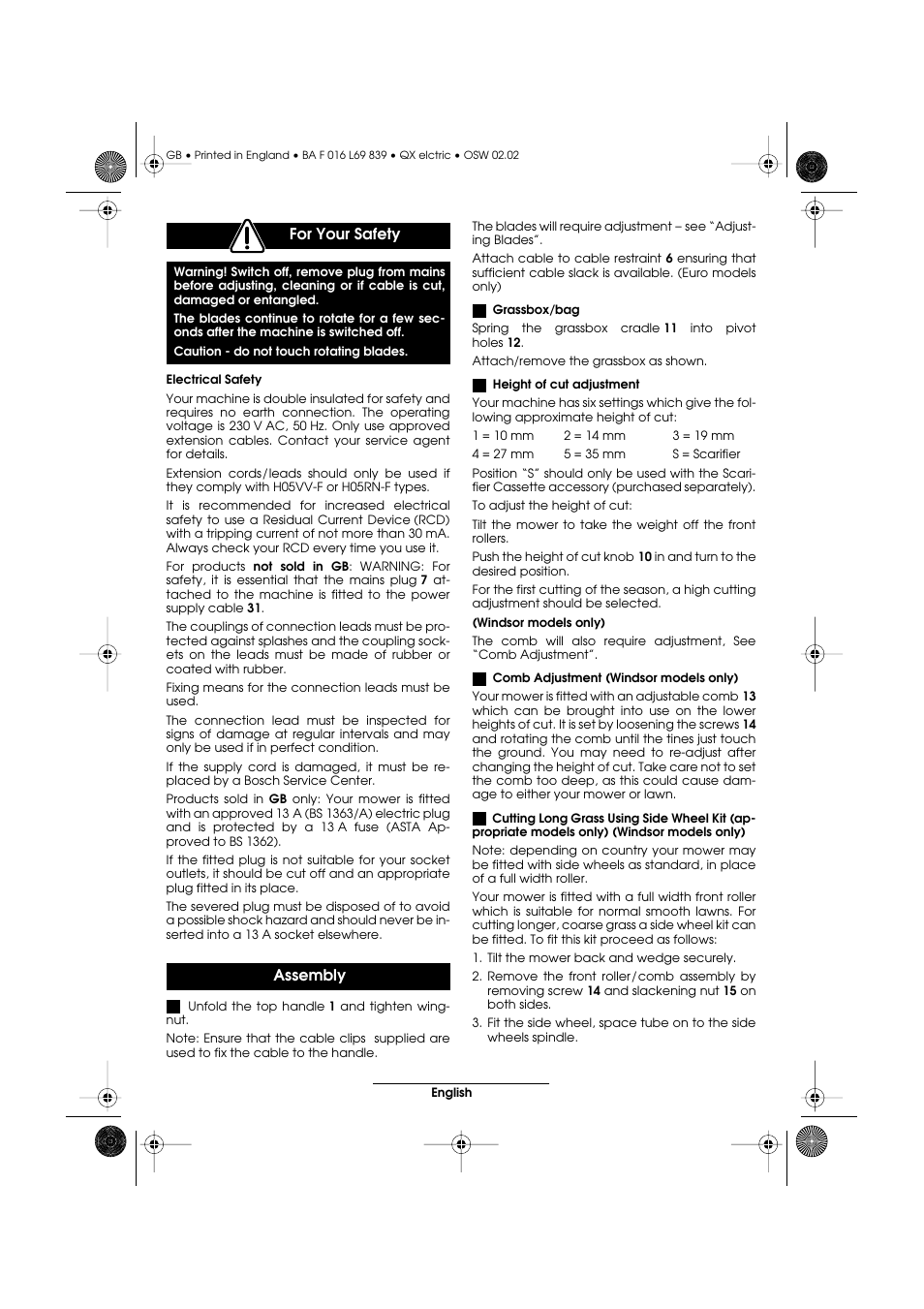 For your safety, Assembly | Atco QX User Manual | Page 15 / 97