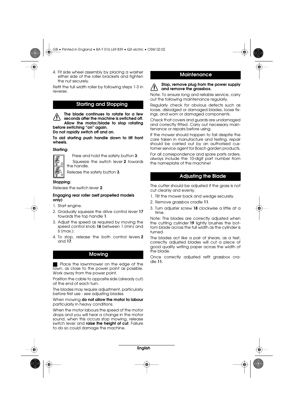 Starting and stopping mowing, Maintenance adjusting the blade | Atco QX User Manual | Page 16 / 97
