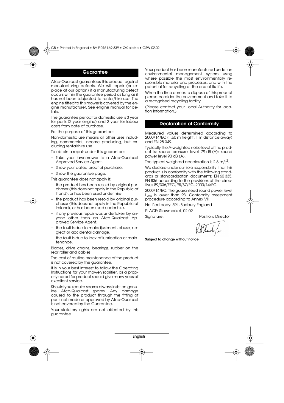 Guarantee declaration of conformity | Atco QX User Manual | Page 19 / 97