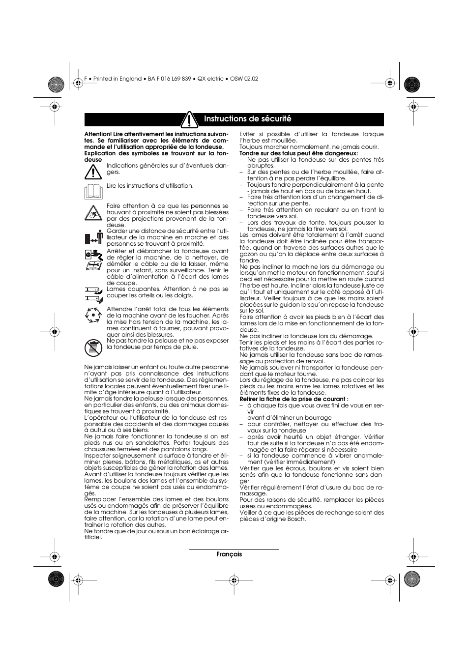 Instructions de sécurité | Atco QX User Manual | Page 20 / 97