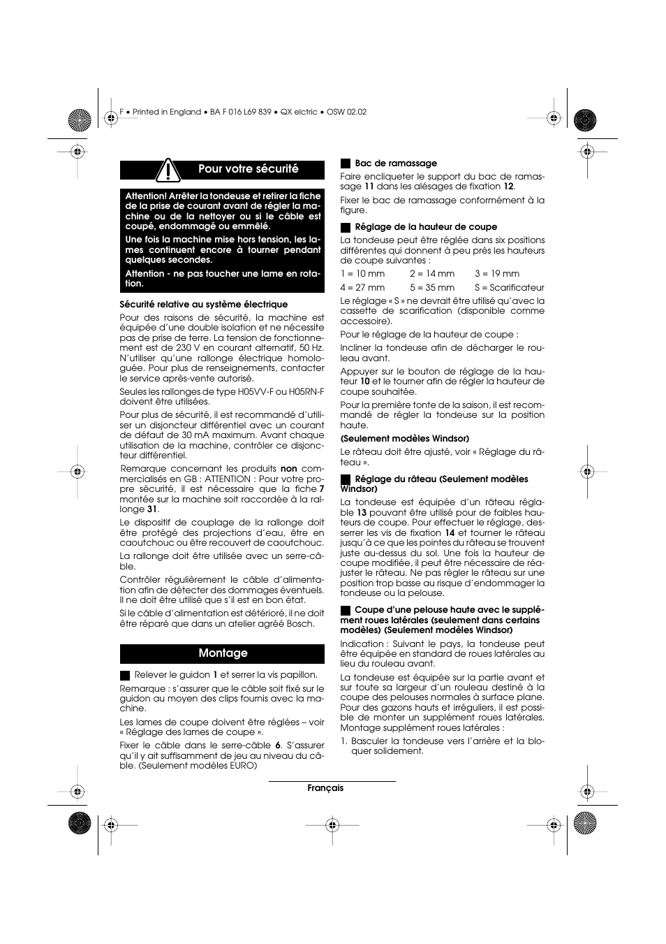 Pour votre sécurité, Montage | Atco QX User Manual | Page 22 / 97