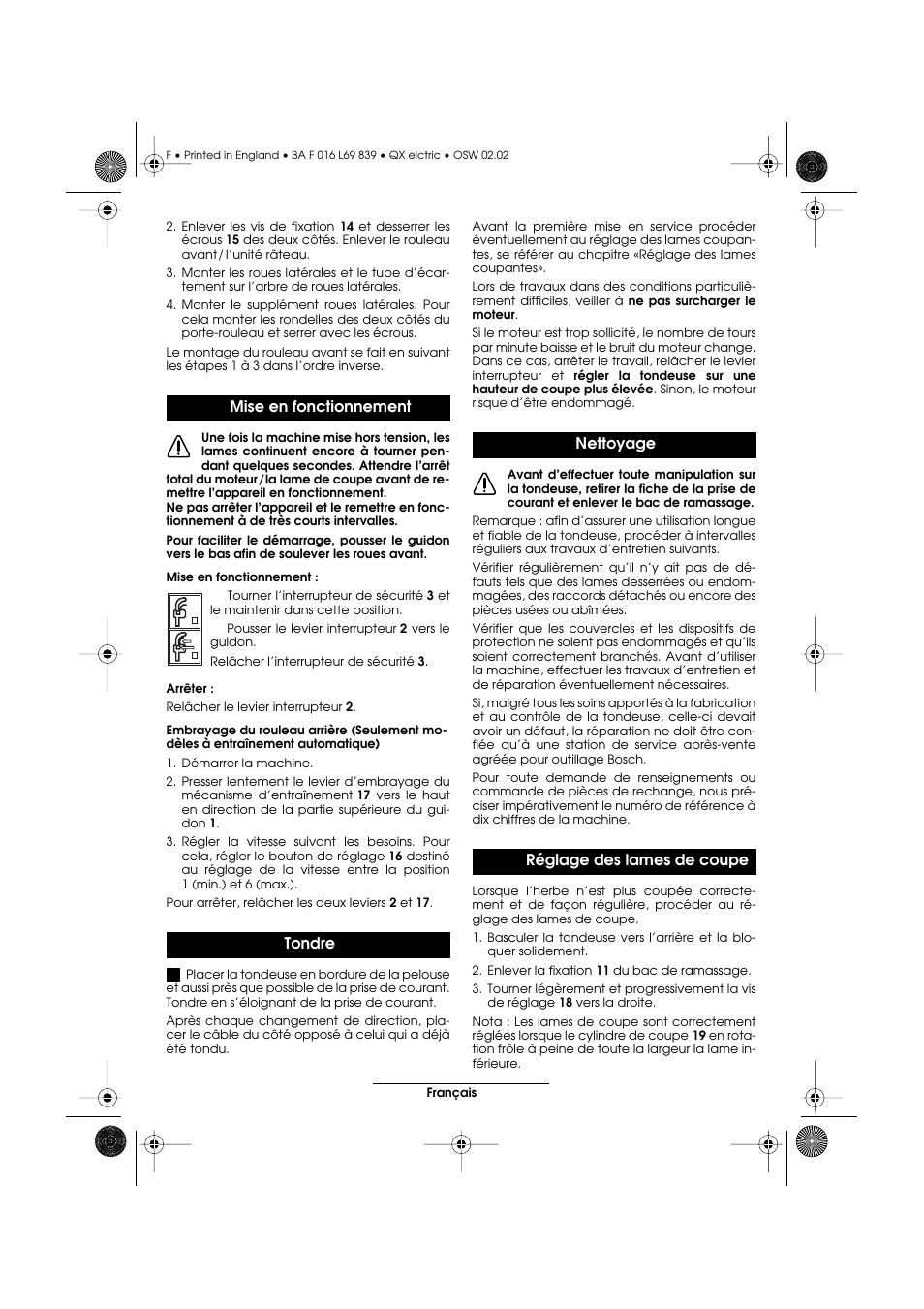 Mise en fonctionnement tondre, Nettoyage réglage des lames de coupe | Atco QX User Manual | Page 23 / 97