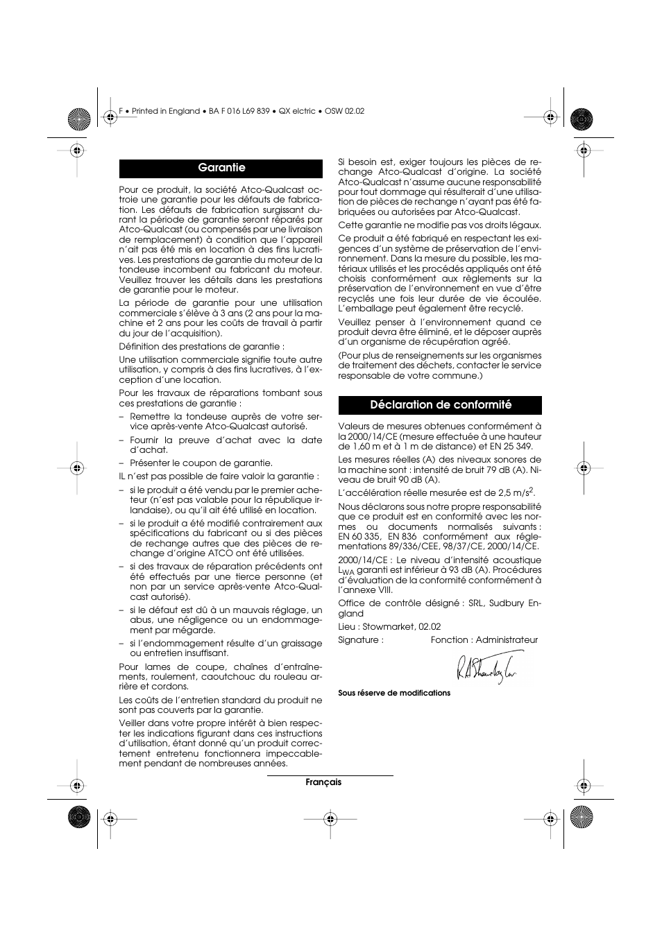 Garantie déclaration de conformité | Atco QX User Manual | Page 26 / 97