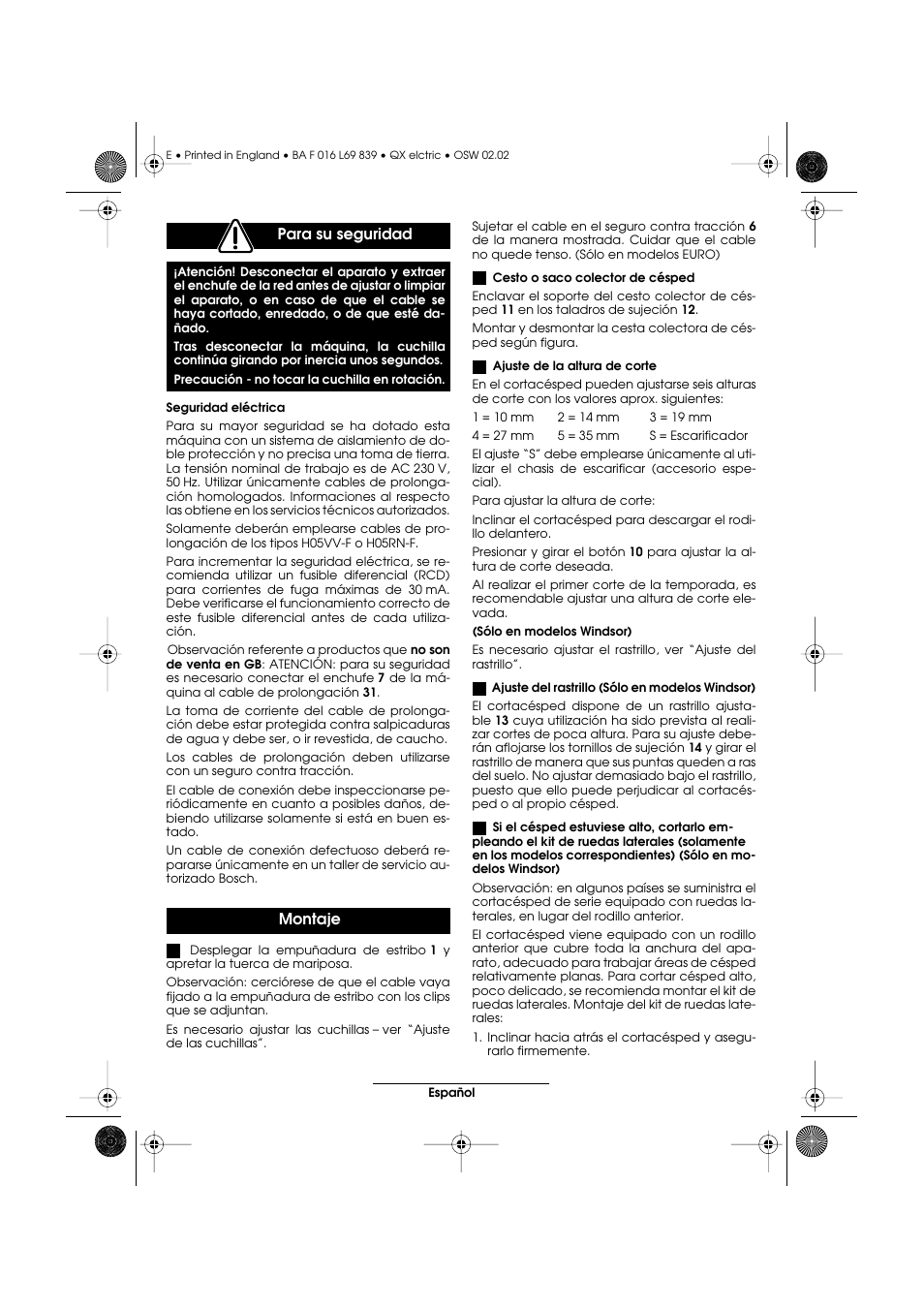 Para su seguridad, Montaje | Atco QX User Manual | Page 29 / 97