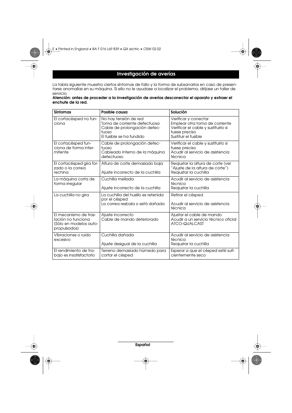 Investigación de averías | Atco QX User Manual | Page 32 / 97