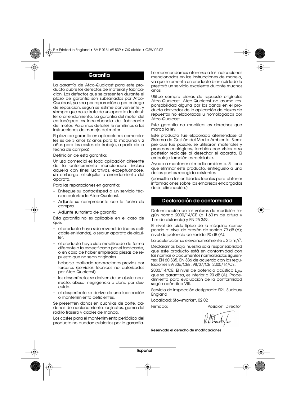 Garantía declaración de conformidad | Atco QX User Manual | Page 33 / 97