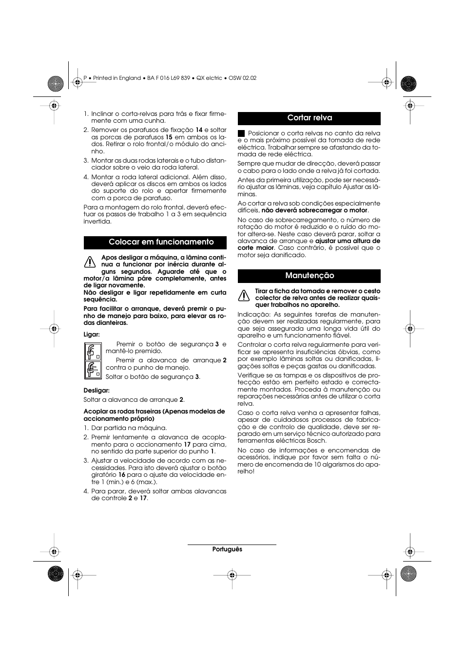 Colocar em funcionamento, Cortar relva manutenção | Atco QX User Manual | Page 37 / 97