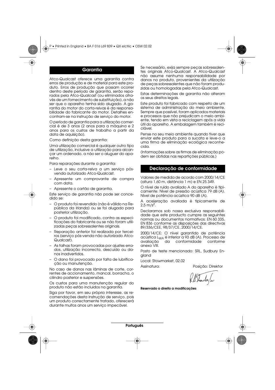 Garantia declaração de conformidade | Atco QX User Manual | Page 40 / 97